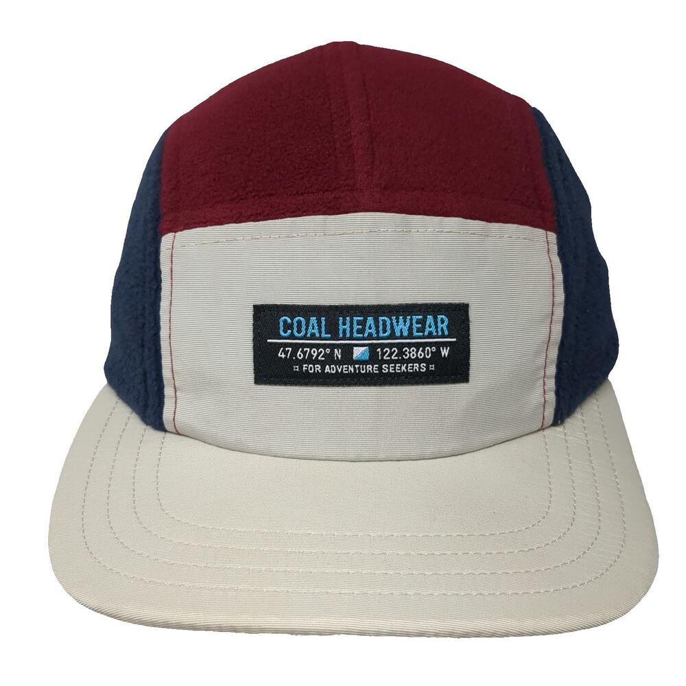 Coal 5 Panel Red Blue Beige One Size Fleece Hat Bungee Flat Brim Woven Patch